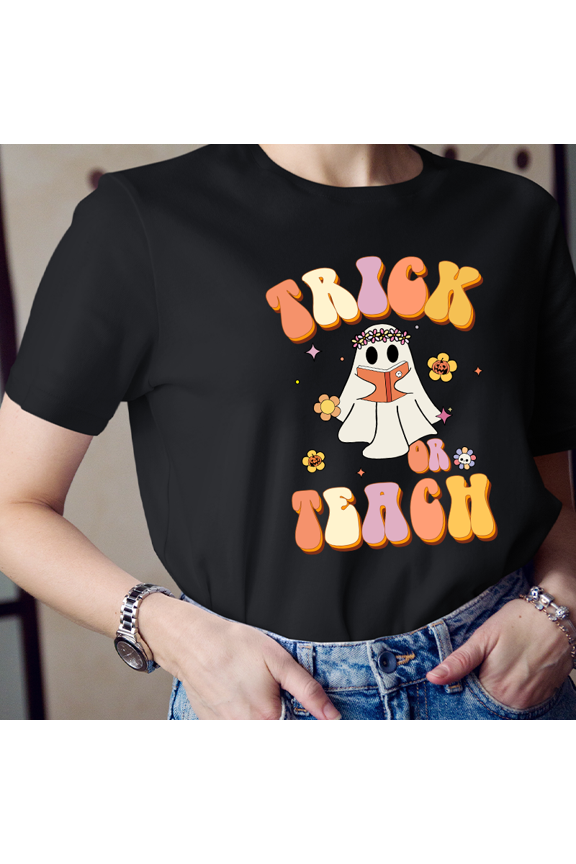 Trick Or Teach T-Shirt, Cute Ghost Reading Halloween Teacher Shirt, Funny Fall Classroom Tee for Educators, Spooky Season Unisex Outfit
