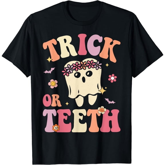Trick Or Teeth Ghost Groovy Dental Halloween Treat Unisex T-Shirt