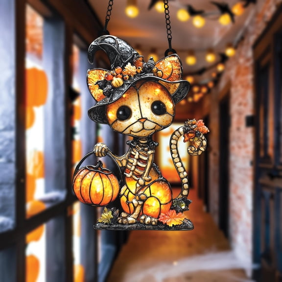 Trick Or Treat Black Cat Wavy Acrylic Window Hanging, Cute Skeleton Faux Wavy Acrylic Suncatcher, Halloween Decor Gift Idea for Cat Lover