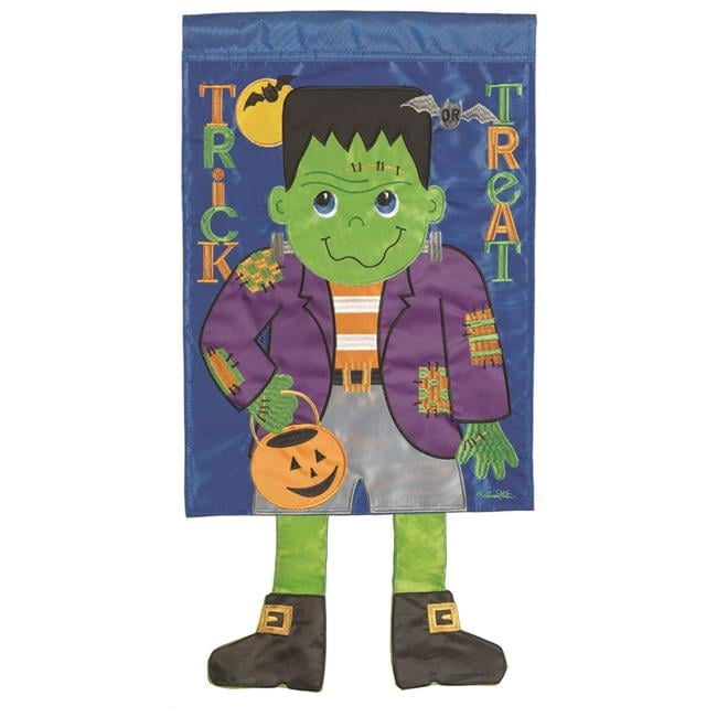 Trick Or Treat Bright Green and Blue 13 X 19 Polyester Outdoor Hanging Garden Flag