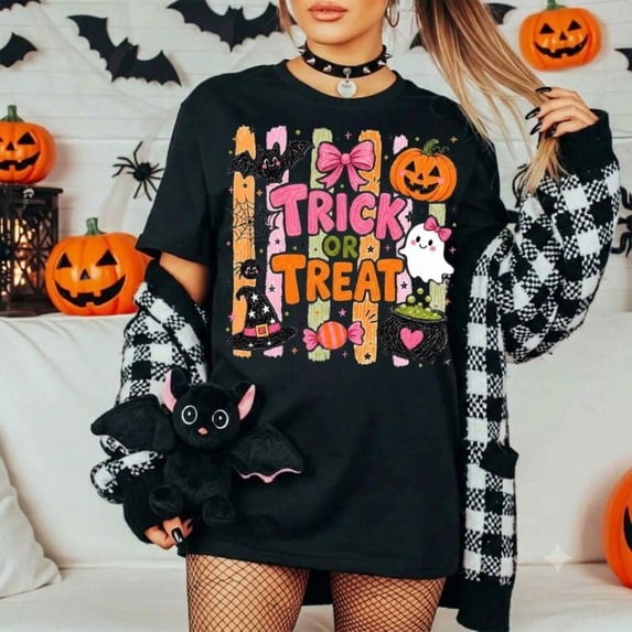 Trick Or Treat Halloween T-Shirt, Cute Ghost Pumpkin Graphic Tee, Coquette Spooky Season Shirt, Pink Halloween Candy Apparel Gift for Her - Black, L