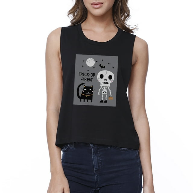 TrickOrTreat Skeleton Black Cat Womens Black Crop Top
