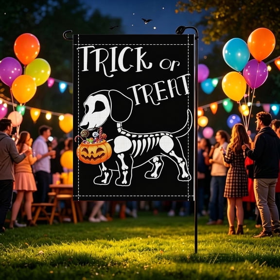 Trick Or Treat Skeleton Hound 2D Printed Garden Flag, Patio Halloween Decor, Gift for Dog Lovers, No Flagpole, Halloween Gift