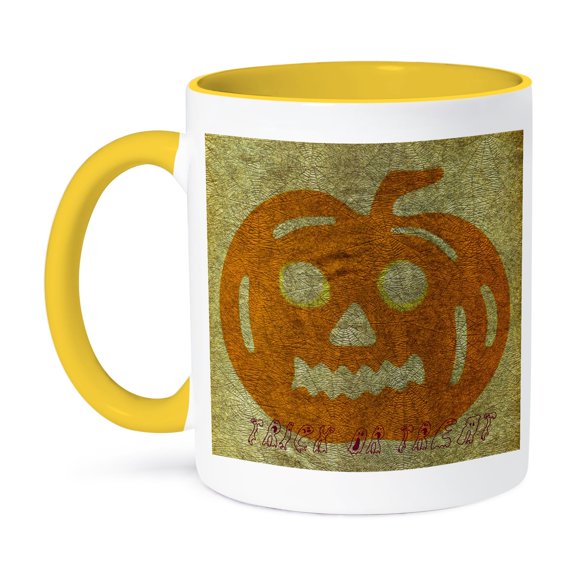 3dRose, Trick or Treat Spider Web Pumpkin Halloween, 11oz Two-Tone Yellow Mug