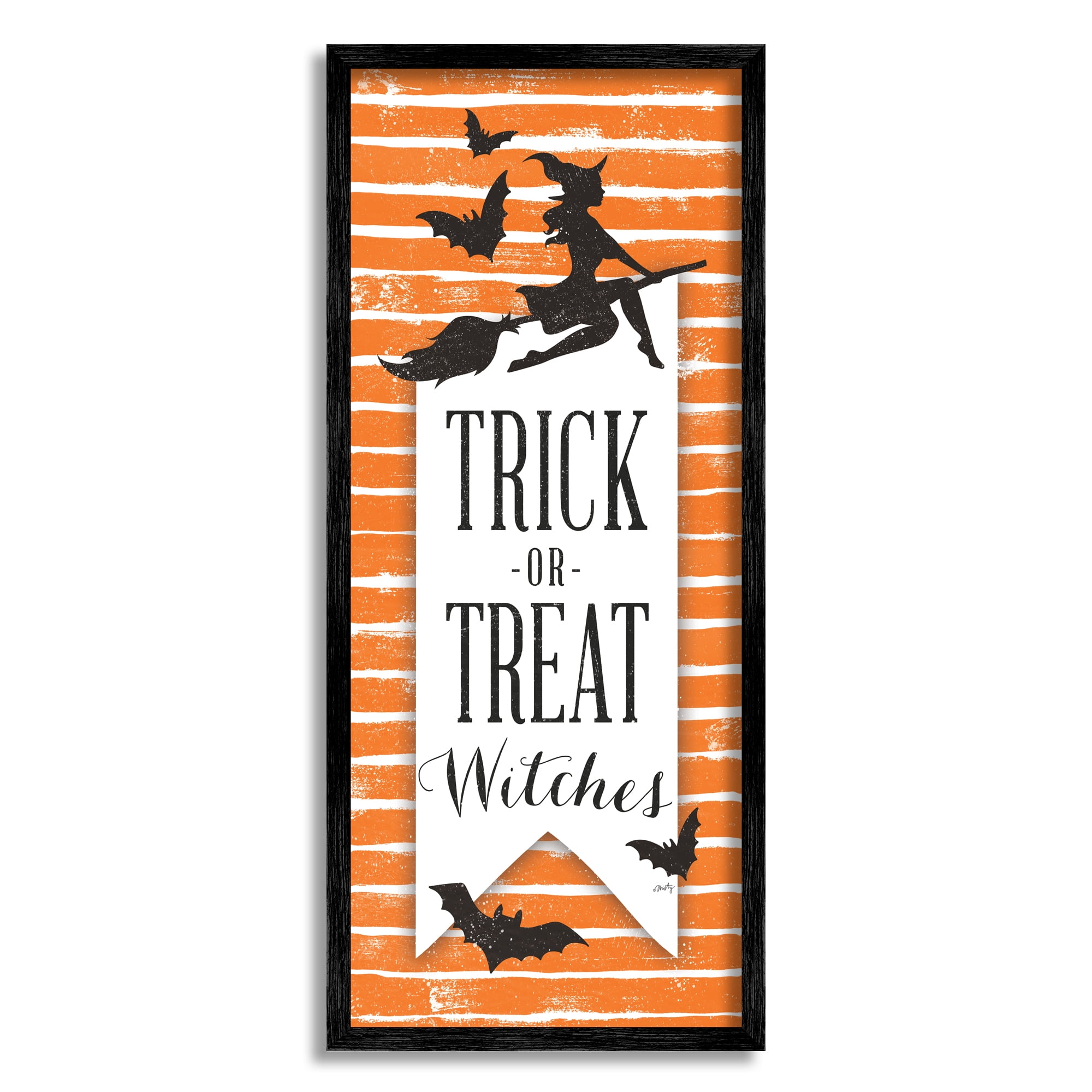 Trick Or Treat Witch Silhouette Orange Stripes Pattern Holiday Graphic Art Framed Art Print Wall Art