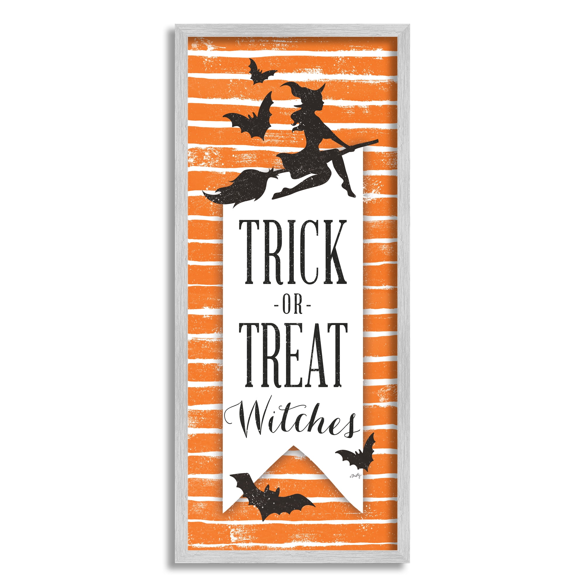 Trick Or Treat Witch Silhouette Orange Stripes Pattern Holiday Graphic Art Framed Art Print Wall Art