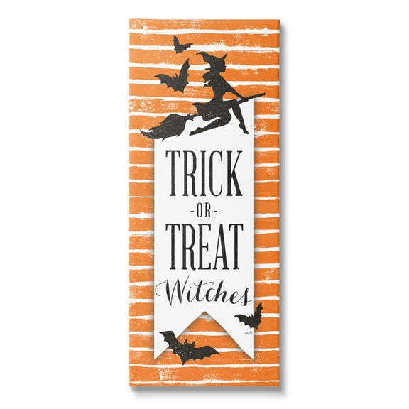 Trick Or Treat Witch Silhouette Orange Stripes Pattern Holiday Graphic Art Gallery-Wrapped Canvas Print Wall Art