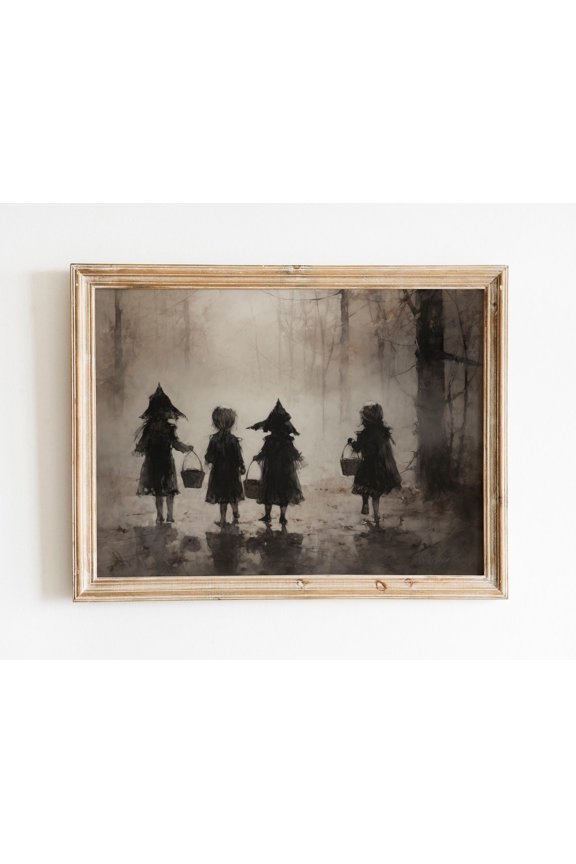 Trick Or Treaters, Muted Vintage, Spooky Wall Art, Autumn Fall Wall Art, Vintage Wall Art Wall Art, Modern Wall Decor, 8x12 UNFRAMED