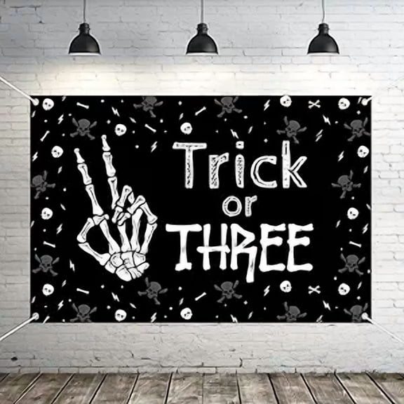 Trick Or Three Backdrop Banner 4.92 * 3.28ft Halloween 3rd Birthday Decorations Skeleton Third Bday Decors Spooky Skull Halloween Party Decor Boo Ghost Bat Pumpkin Spider Web Castle Party Supplie