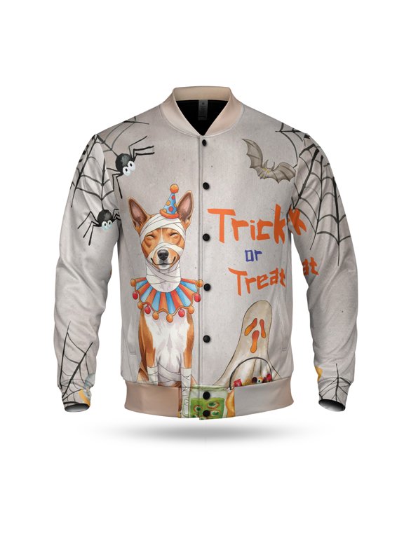 Trick or Treat Basenji Funny Mummy Cosplay Pumpkin Candy Basket All Over Print 3D Baseball Jacket African Barkless Dog Lover Bomber Jacket Softball - 12016