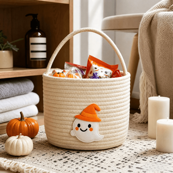 Trick Or Treat Basket Soft Cotton Rope Woven Halloween Basket With Sturdy Handle For Kids Adults Candy Collection Gift Storage And Seasonal Home Party Use,D