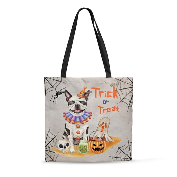 Trick or Treat Boston Terrier Funny Mummy Cosplay Pumpkin Candy Basket All Over Print 3D Canvas Tote Bag Gentleman Dog Lover Gifts Reusable Handbag - 12016