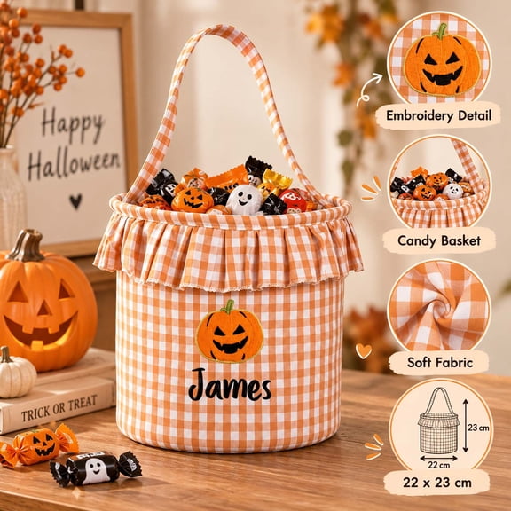 Trick Or Treat Bucket Halloween Candy Basket with Embroidery Pumpkin Witch Hat Gingham Ruffle Fabric Treat Storage Bag for Halloween Party Candy Collecting