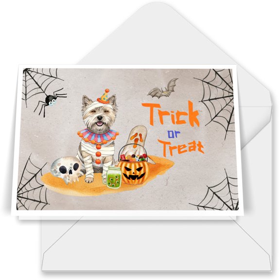 Trick or Treat Cairn Terrier Funny Mummy Cosplay Pumpkin Candy Basket 7x5in Folded Greeting Card Cairns Dog Lover Single Note Card with Envelope - 12016