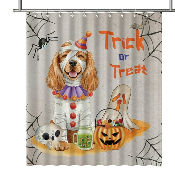 Trick or Treat Cocker Spaniel Funny Mummy Cosplay Pumpkin Candy Basket Shower Curtain Cockers Dog Lover Gifts Waterproof Bathroom Bathtub Curtain - 12016