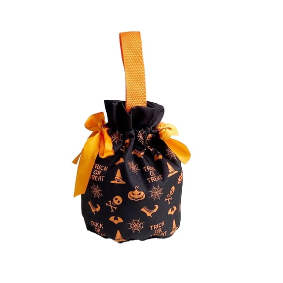 Trick Or Treat Drawstring Halloween Candy Bucket Bag, Gothic Spooky Tabletop Candy Station Decor, Reusable Polyester Treat Tote for Entryway and Porch Seasonal Displays