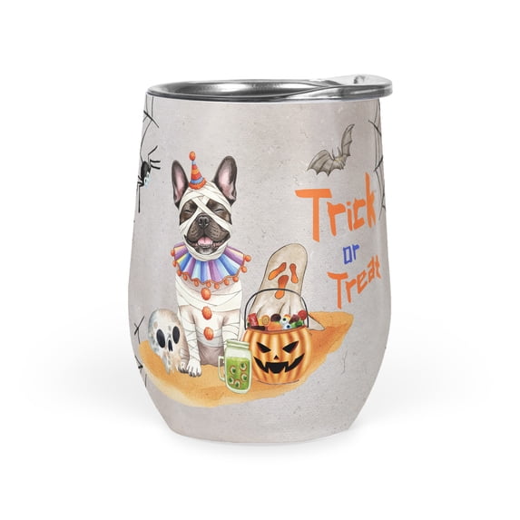 Trick or Treat French Bulldog Funny Mummy Cosplay Pumpkin Candy Basket 12oz Stainless Steel Wine Tumbler Insulated Cup with Lid Dog Lover Gifts - 12016