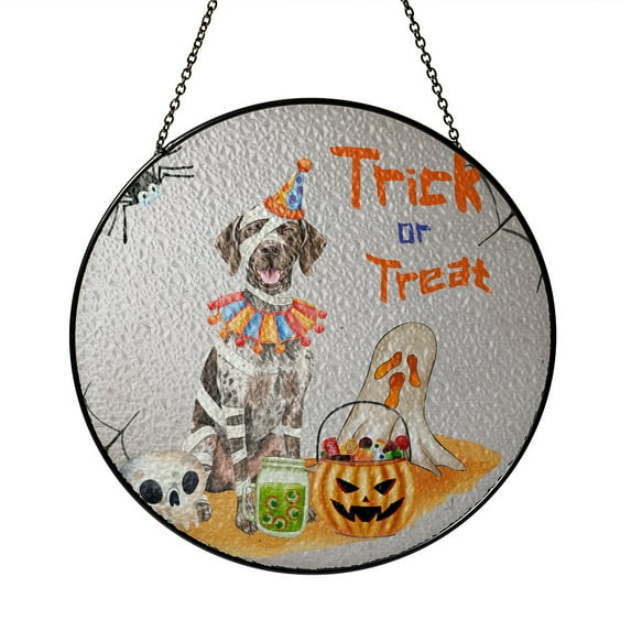 Trick or Treat German Shorthaired Pointer Funny Mummy Cosplay Pumpkin Candy Basket Stained Glass Suncatcher GSP Lover Dog Gift Window Hanging Sign Decor - 12016
