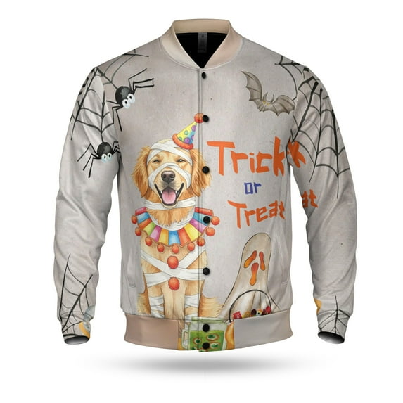 Trick or Treat Golden Retriever Funny Mummy Cosplay Pumpkin Candy Basket All Over Print 3D Baseball Jacket Goldens Dog Lover Gifts Idea Bomber Jacket Softball - 12016