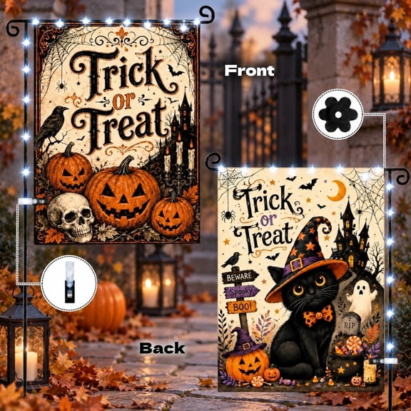 Trick or Treat Halloween Garden Flag with LED Lights, Double Sided 12x18 Inch Outdoor Yard Flag, Waterproof Polyester for Halloween Themed Party Farmhouse Holiday Seasonal Decor