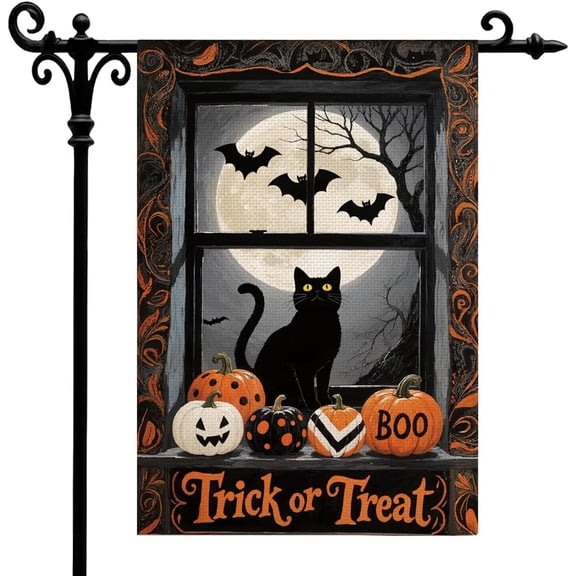 Trick Or Treat Halloween Garden Flag For Outside, Halloween Black Cat Bat Moon Garden Flag, Double Sided Spooky Yard Flags, Scary Yard Outdoor Flags For Seasonal Holiday Decor 12x18 Inches