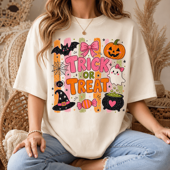 Trick Or Treat Halloween T-Shirt, Cute Ghost Pumpkin Graphic Tee, Coquette Spooky Season Shirt, Pink Halloween Candy Apparel Gift for Her - Ivory, 2XL