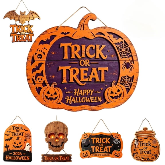 Trick or Treat Hanging Door Decor, Halloween Wooden Door Sign (#E) | Rustic Front Door Hanging Decoration with Pumpkin Ghost Bat Design, Halloween Home Decor