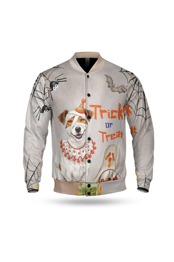 Trick or Treat Jack Russell Terrier Funny Mummy Cosplay Pumpkin Candy Basket All Over Print 3D Baseball Jacket Parson Jack Dog Lover Bomber Jacket Softball - 12016