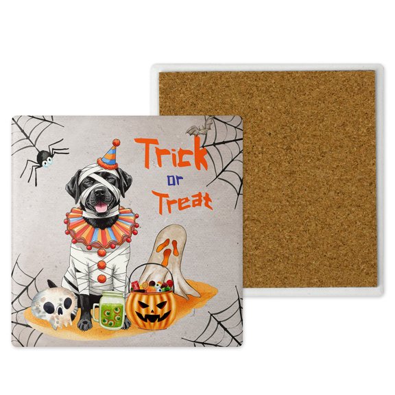 Trick or Treat Labrador Retriever Funny Mummy Cosplay Pumpkin Candy Basket Set of 4 Stone Coasters Lab Dog Lover Gifts 4x4in Absorbent Soapstone Coaster - 12016