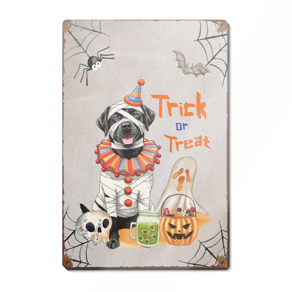 Trick or Treat Labrador Retriever Funny Mummy Cosplay Pumpkin Candy Basket Vertical Metal Aluminum Sign Lab Dog Lover Gifts Wall Art Home Decor - 12016