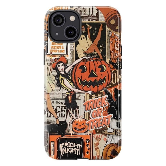 Trick or Treat Pin-Up Halloween Phone Case, Vintage Jack-O’-Lantern Cowgirl Collage iPhone Cover, Retro Spooky Fall Aesthetic Case for iPhone 16 15 14 13 12 11 Pro Max Mini