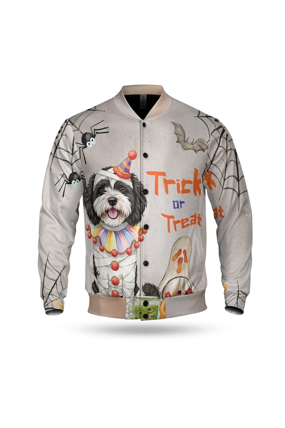 Trick or Treat Portuguese Water Dog Funny Mummy Cosplay Pumpkin Candy Basket All Over Print 3D Baseball Jacket PWD Portie Fishing Dog Lover Bomber Jacket Softball - 12016