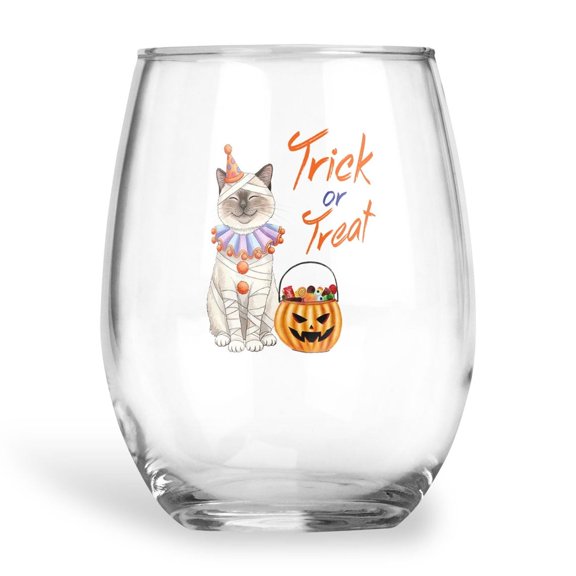Trick or Treat Ragdoll Funny Mummy Cosplay Pumpkin Candy Basket 15oz Stemless Wine Glass Mug Cat Lover Kitten Owner Gifts Idea Wine Glasses Cup - 12016