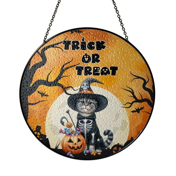Trick or Treat Scottish Fold Needs Candy Happy Halloween Night Stained Glass Suncatcher Cat Lover Kitten Owner Gifts Window Hanging Sign Decor - 02020