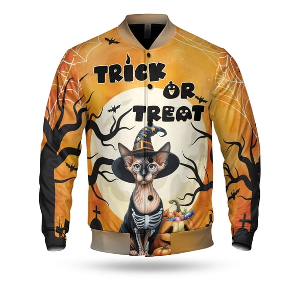 Trick or Treat Sphynx Needs Candy Happy Halloween Night All Over Print 3D Baseball Jacket Cat Lover Kitten Owner Gifts Idea Bomber Jacket Softball - 02020