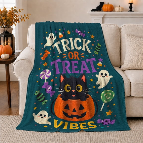 Trick Or Treat Vibes Halloween Scene Cartoon Ghosts, Playful Pet Portrait Pattern, Warm Flannel Blanket for Living Room and Bedroom, Cat Lovers Halloween Gift, Pet Lover Home Decor