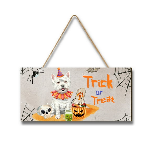 Trick or Treat West Highland White Terrier Mummy Cosplay Pumpkin Candy Basket Landscape Wood Sign Westie Westy Dog Lover Hanging Wall Home Decor - 12016