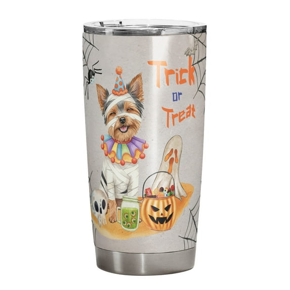 Trick or Treat Yorkshire Terrier Funny Mummy Cosplay Pumpkin Candy Basket 20oz Stainless Steel Tumbler Insulated Cup with Lid Yorkie Dog Lover Gifts - 12016