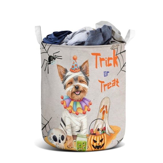 Trick or Treat Yorkshire Terrier Funny Mummy Cosplay Pumpkin Candy Basket Foldable Laundry Basket Yorkie Dog Lover Gifts Organizer Storage with Handles - 12016