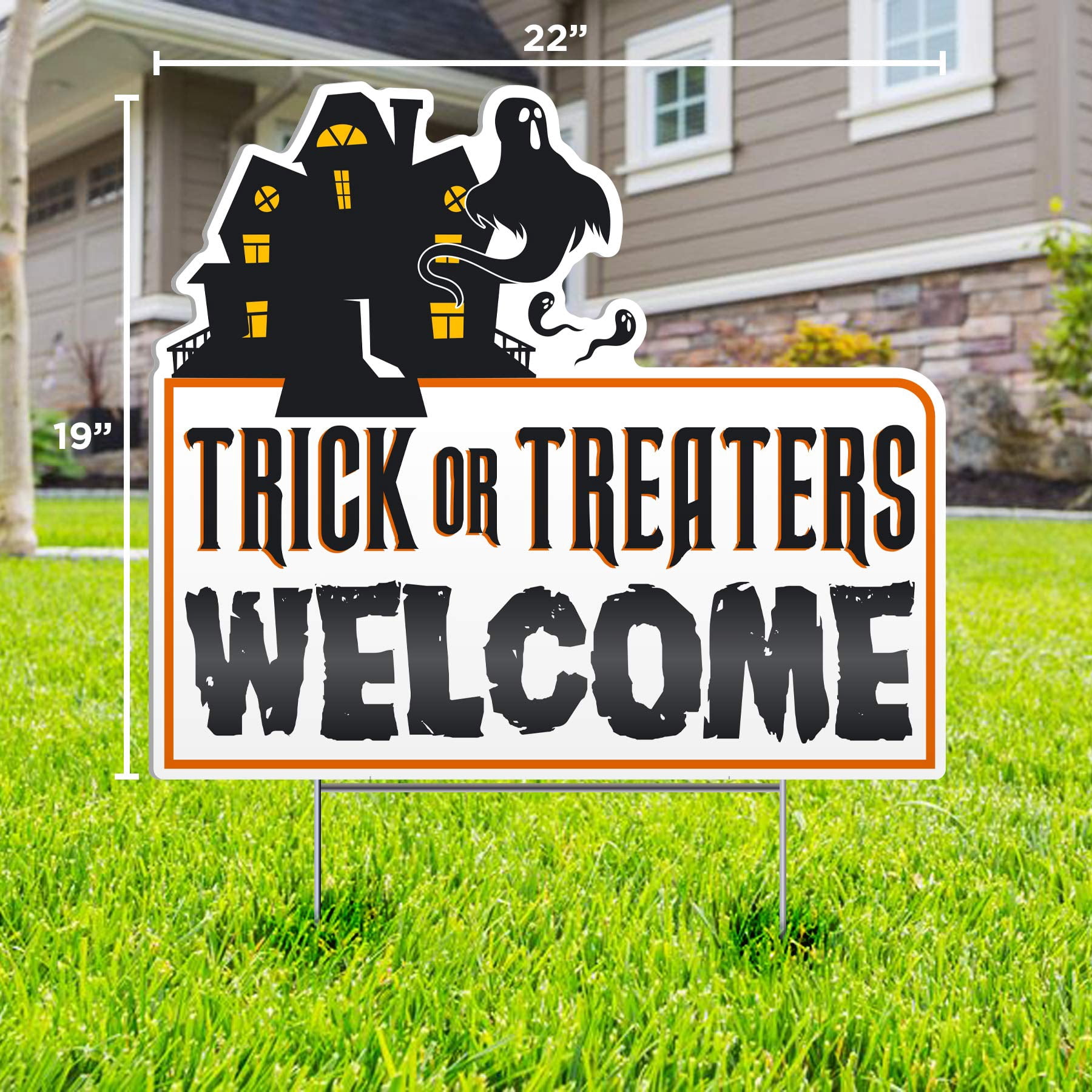 Trick or Treaters Welcome Halloween Lawn Sign - 22" x 19" Yard Sign - Made of Weatherproof fluted plastic and includes metal stake to easily install on your lawn. Halloween Lawn Decorations