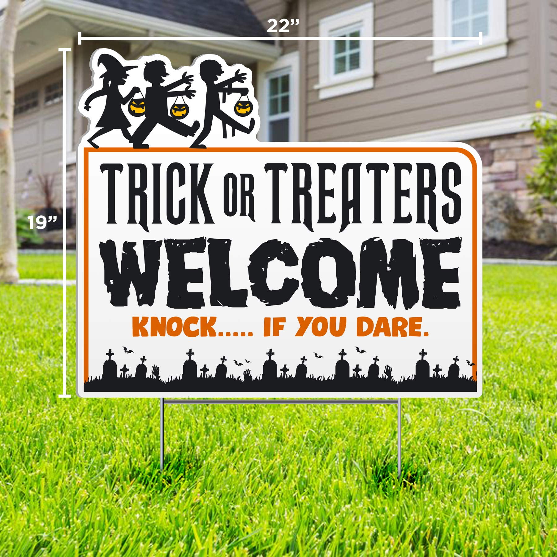 Trick or Treaters Welcome - Knock if your Dare - Halloween Lawn Sign - 22" x 19" Yard Sign - Made of Weatherproof fluted plastic - Halloween Lawn Decorations