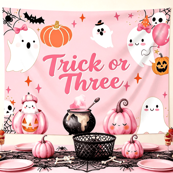Trick or Three Pink-Purple Halloween Party Banner - Sweet and Spooky Party Decor, Perfect for Family Gatherings and Holiday Celebrations