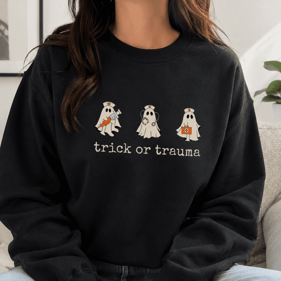 Trick or Trauma Medical Ghost Halloween Graphic Crewneck Sweatshirt, Unisex Fit
