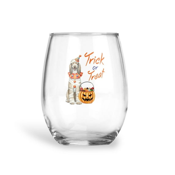 Trick or Treat Afghan Hound Funny Mummy Cosplay Pumpkin Candy Basket 15oz Stemless Wine Glass Mug Dog Lover Wine Glasses Cup - 12016