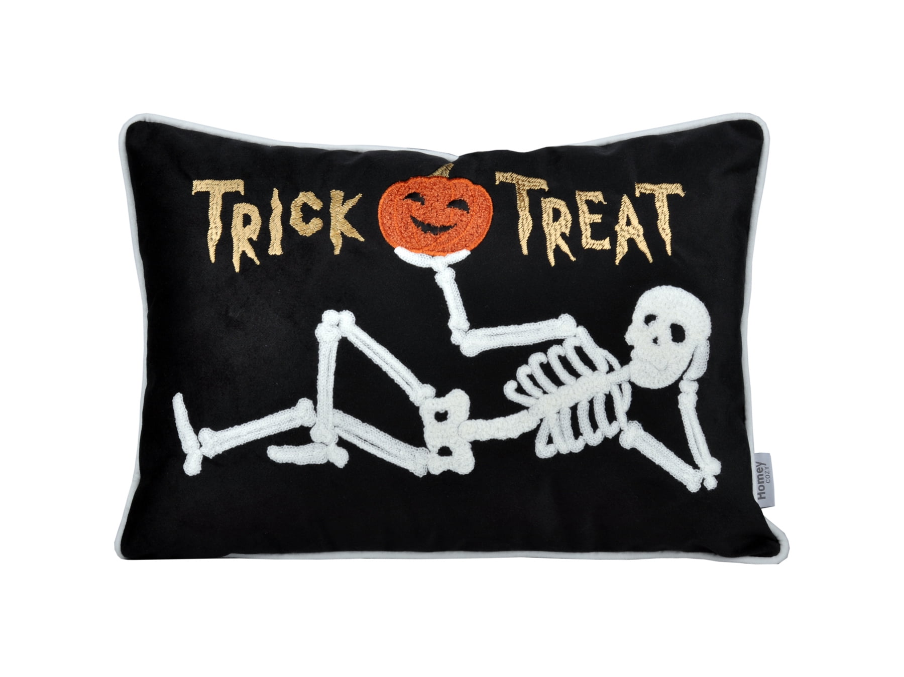 Trick-or-Treat Black Embroidered Pumpkin Graphic Polyester 14 in. x 20 in. Decorative Throw Pillow