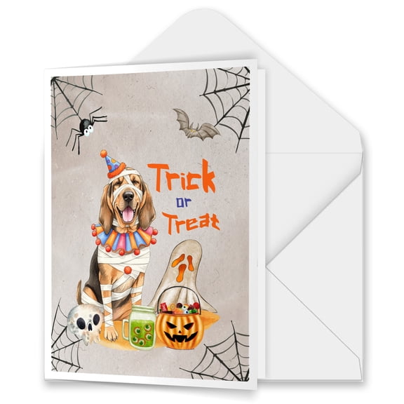 Trick or Treat Bloodhound Funny Mummy Cosplay Pumpkin Candy Basket 5x7in Folded Greeting Card Dog Lover Single Note Card with Envelope - 12016