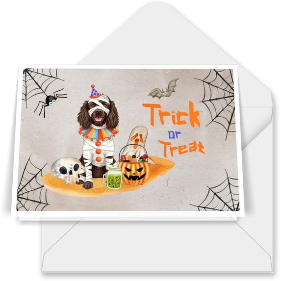 Trick or Treat Boykin Spaniel Funny Mummy Cosplay Pumpkin Candy Basket 7x5in Folded Greeting Card Dog Lover Single Note Card with Envelope - 12016