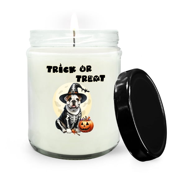 Trick or Treat Bulldog Needs Candy Happy Halloween Night Soy Wax Candle Dog Lover Gifts Idea 16oz White Vanilla Candle - 02020