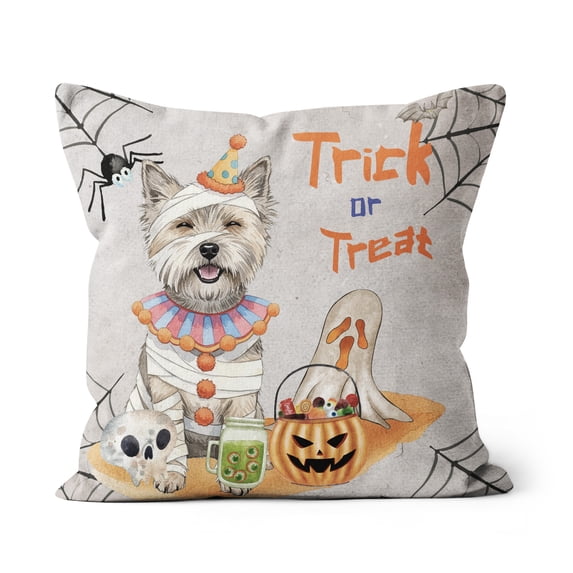 Trick or Treat Cairn Terrier Funny Mummy Cosplay Pumpkin Candy Basket Pillow Cushion Double Sided Cairns Dog Lover Throw Pillow - 12016