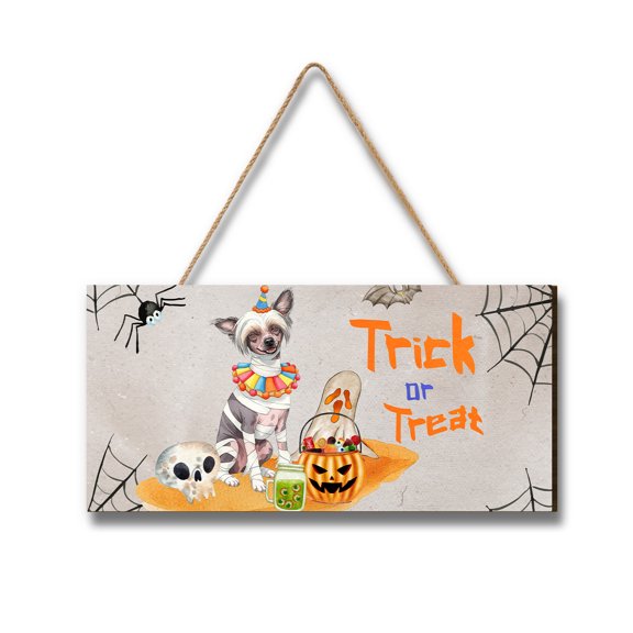Trick or Treat Chinese Crested Funny Mummy Cosplay Pumpkin Candy Basket Landscape Wood Sign Dog Lover Hanging Wall Home Decor - 12016